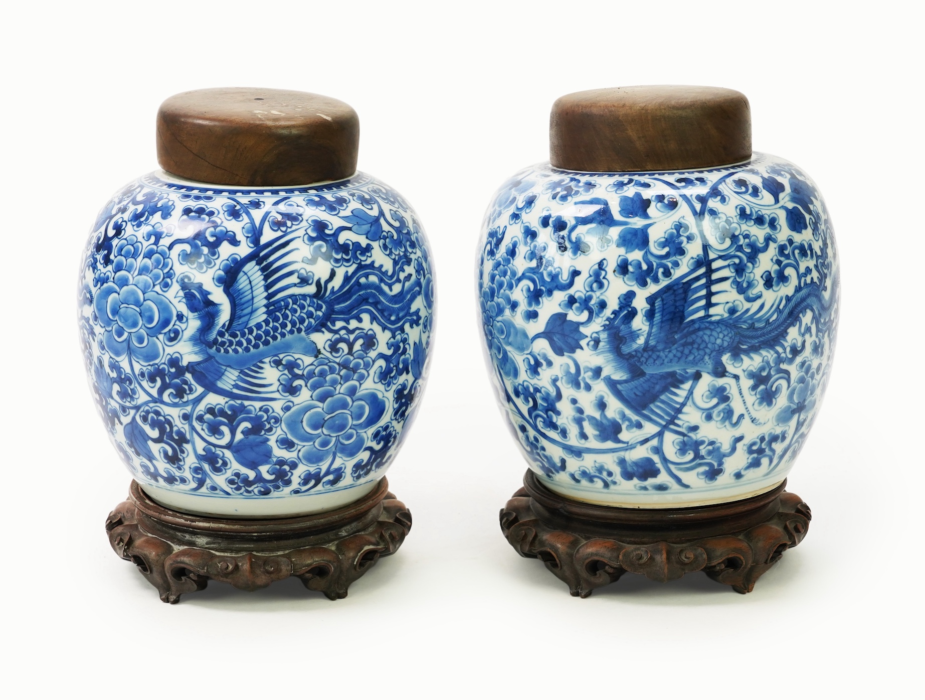 A pair of Chinese blue and white ‘phoenix’ jars, Kangxi period